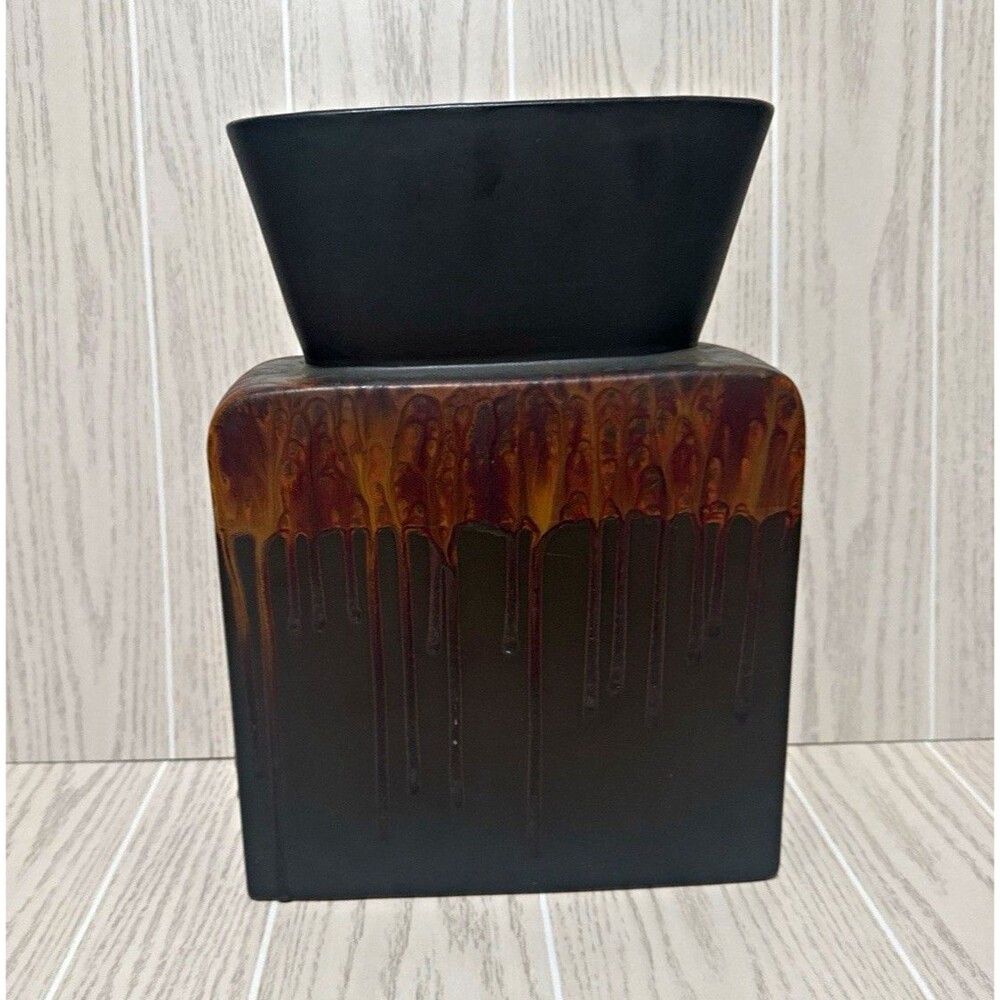 Pier 1 Ceramic Flower Vase Black Brown Orange Drip Matte Rectangular China